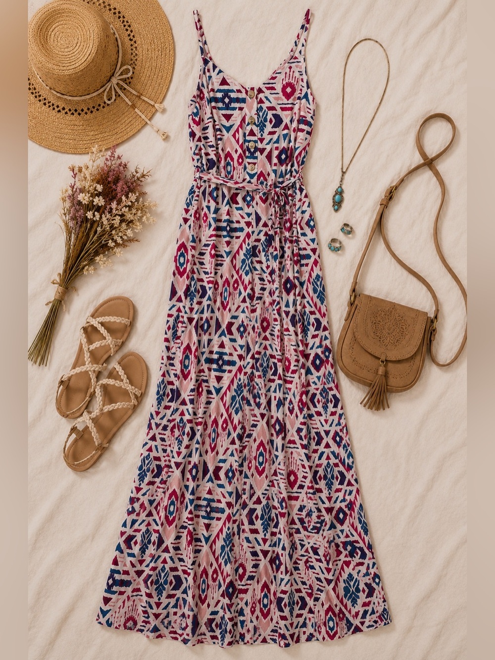 Emily Wonder Boutique Festival Boho Geometric Aztec Print Jumpsuit Size Medium